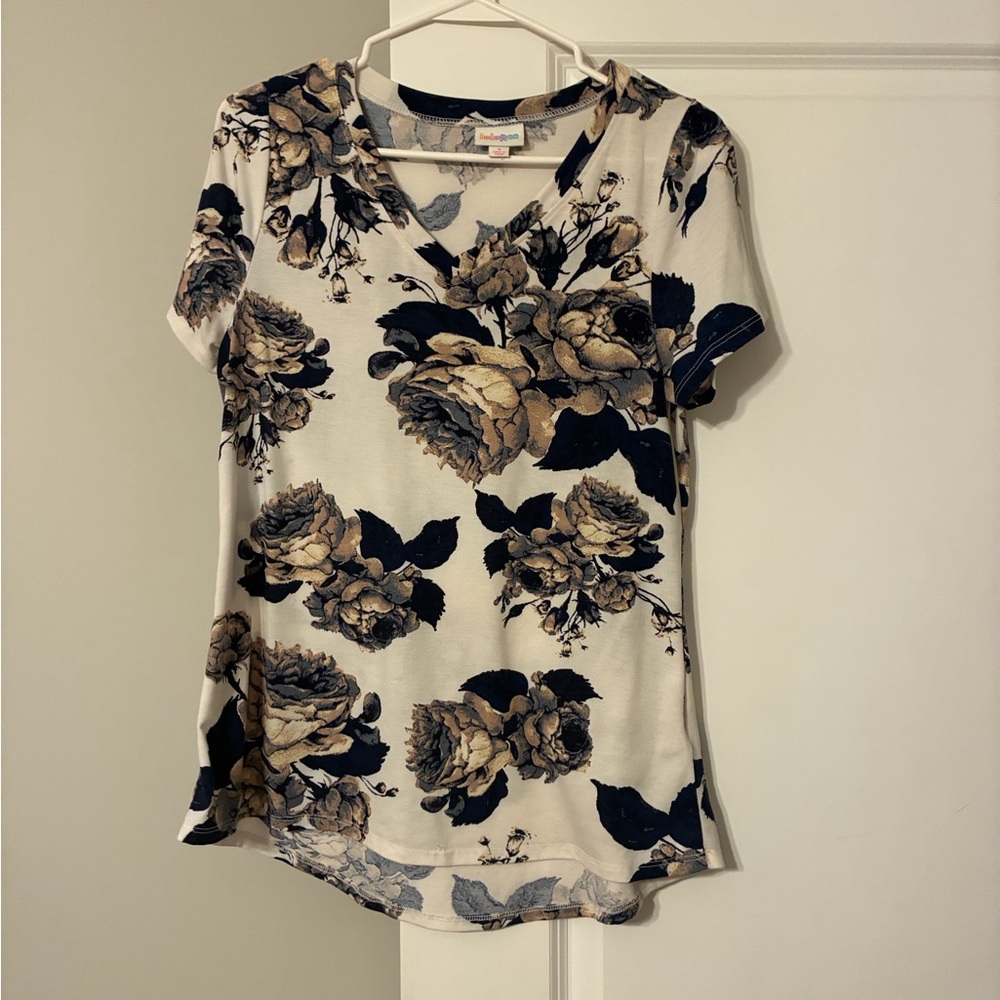 LuLaRoe Beige and Black Floral V-Neck Short Sleeve Top